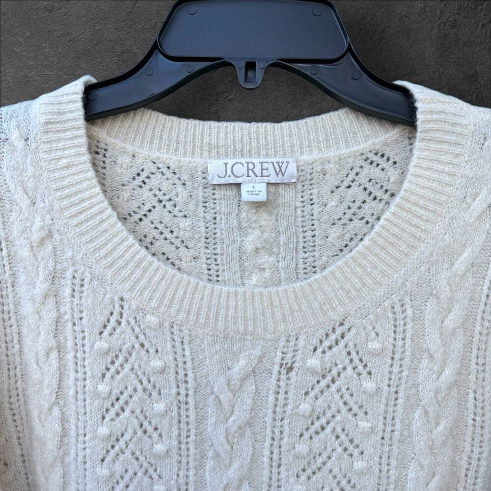 J. Crew Pointelle Cable Knit Sweater Size L Cream Alpaca Wool Crew Neck Preppy - Picture 2 of 5